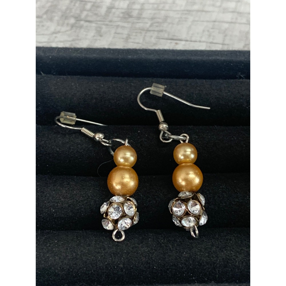 Gold Tone Champagne Faux Pearl Rhinestone Disco Ball Dangle Earrings 5061